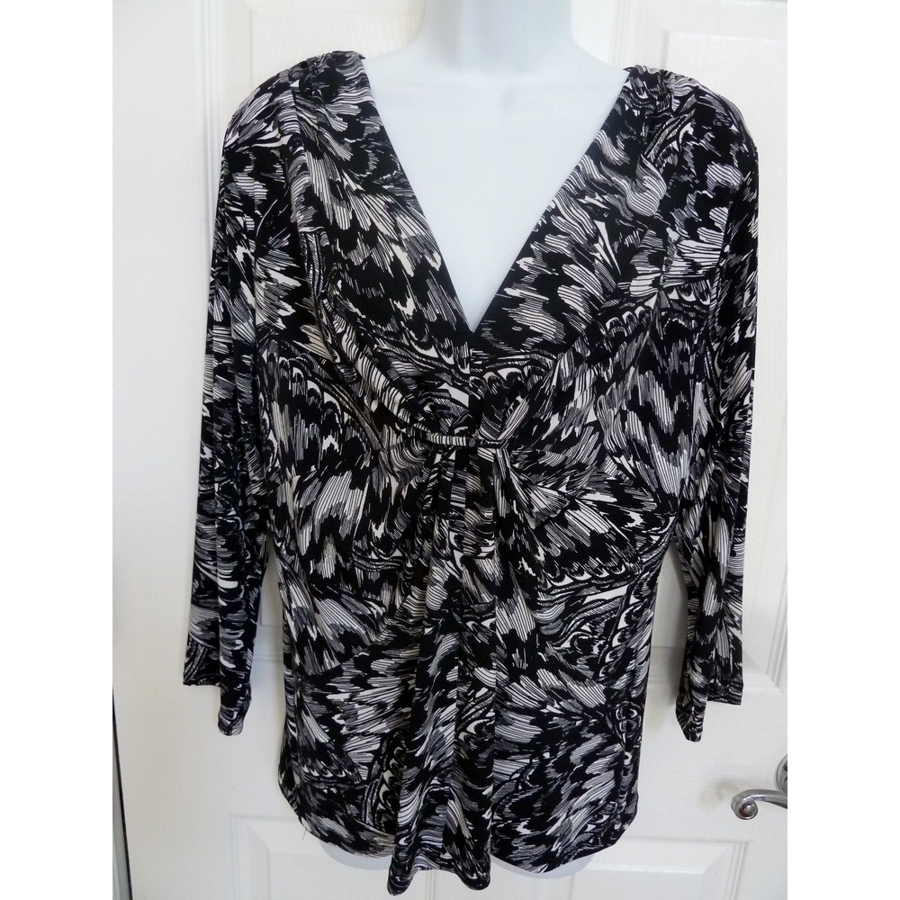 CHAUS Women Large Black White Abstract Gathered V-Neck 3/4 Sleeve Career Blouse